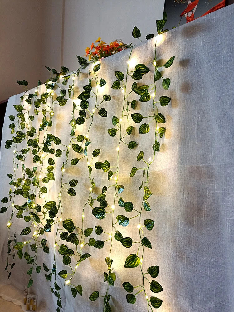 2Meter Fake Green Leaf Ivy Vine with LED Lights String for Home Bedroom Decor Wedding Glowing Artifical Plant Garland Home Decor