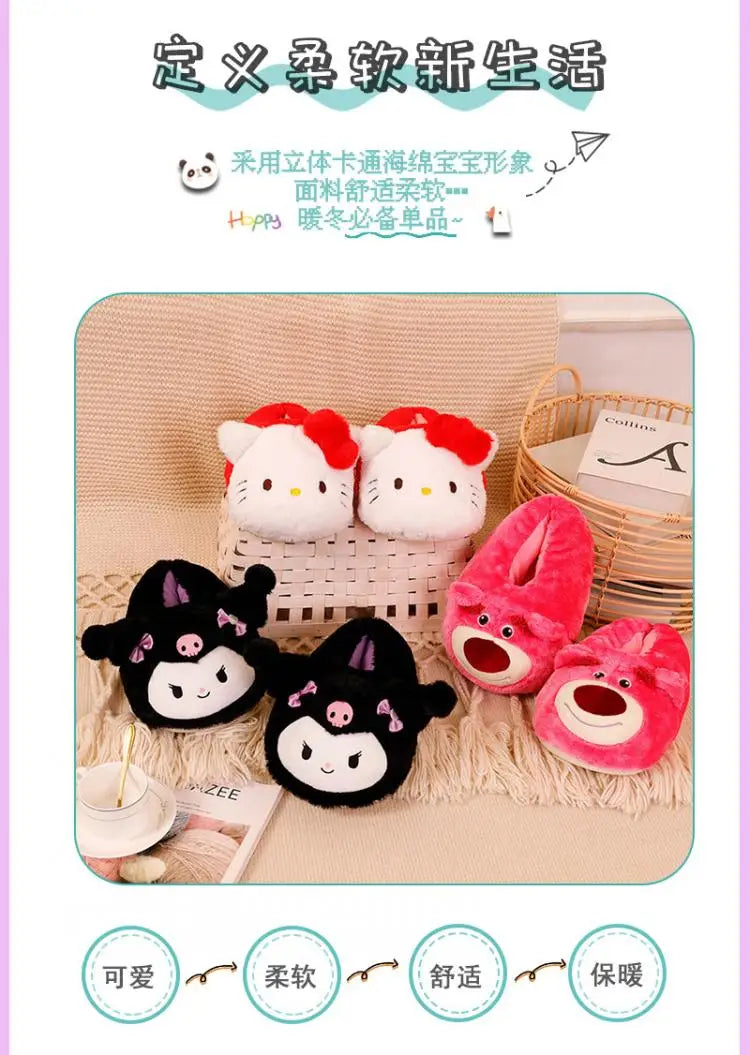 Cartoon Sanrioed Kuromi Hello Kitty Y2K Plush Slippers Women Melody Cinnamoroll Anime Kawaii Winter Home Cotton Shoes Soft Girl