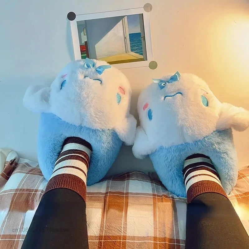 Cartoon Sanrioed Kuromi Hello Kitty Y2K Plush Slippers Women Melody Cinnamoroll Anime Kawaii Winter Home Cotton Shoes Soft Girl