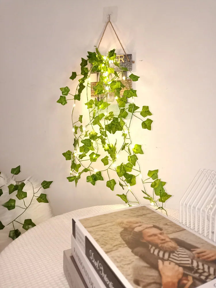 2Meter Fake Green Leaf Ivy Vine with LED Lights String for Home Bedroom Decor Wedding Glowing Artifical Plant Garland Home Decor