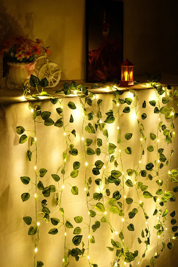 2Meter Fake Green Leaf Ivy Vine with LED Lights String for Home Bedroom Decor Wedding Glowing Artifical Plant Garland Home Decor