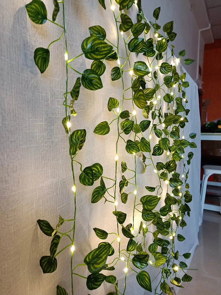 2Meter Fake Green Leaf Ivy Vine with LED Lights String for Home Bedroom Decor Wedding Glowing Artifical Plant Garland Home Decor