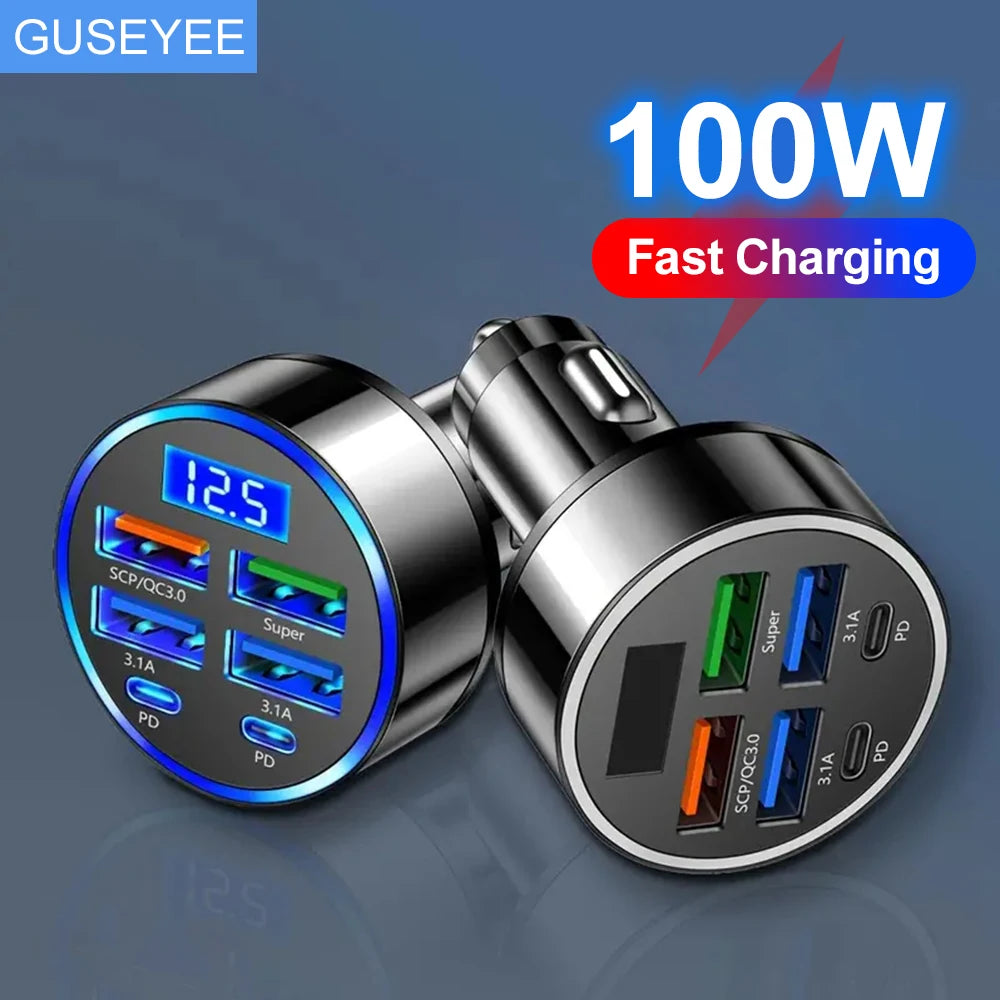 100W 6 Ports Car Charger Fast Charging PD QC3.0 USB C Car Phone Charger Type C Adapter in Car For iPhone Samsung Huawei Xiaomi