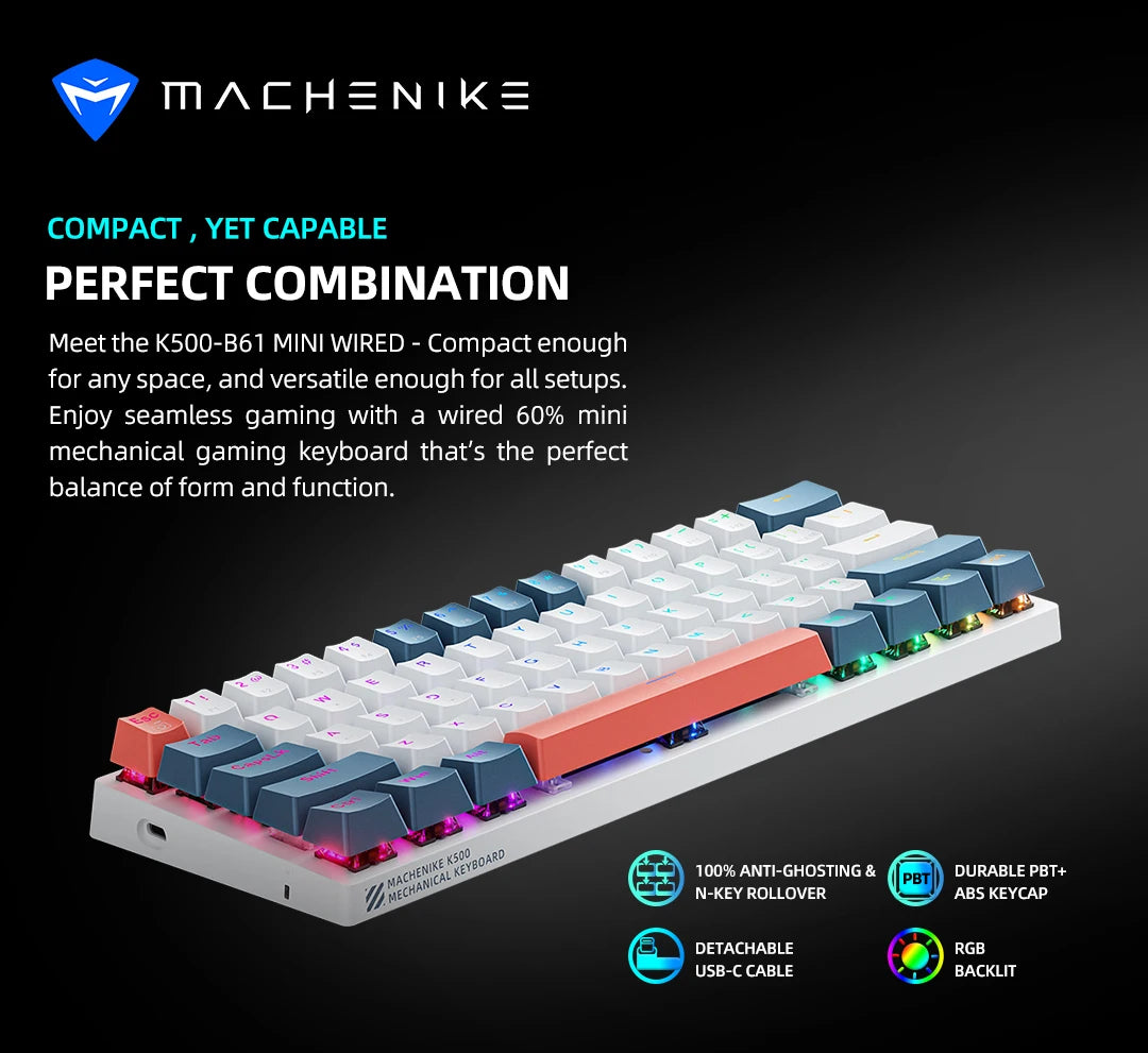 Machenike K500-B61 Mini Mechanical Keybaord 60% Form Factor 61Keys Gaming Keybaord Wired Full Key Hot-Swappable RGB Backlit