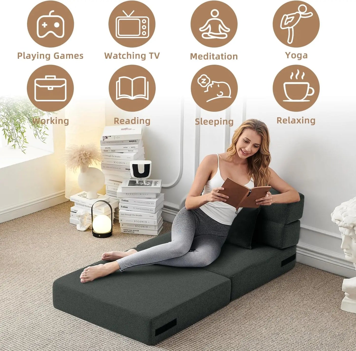 Convertible Folding Sofa Bed - Sleeper Chair with Pillow, Modern Linen Fabric Floor & Futon Couch, Foldable Mattress for Living