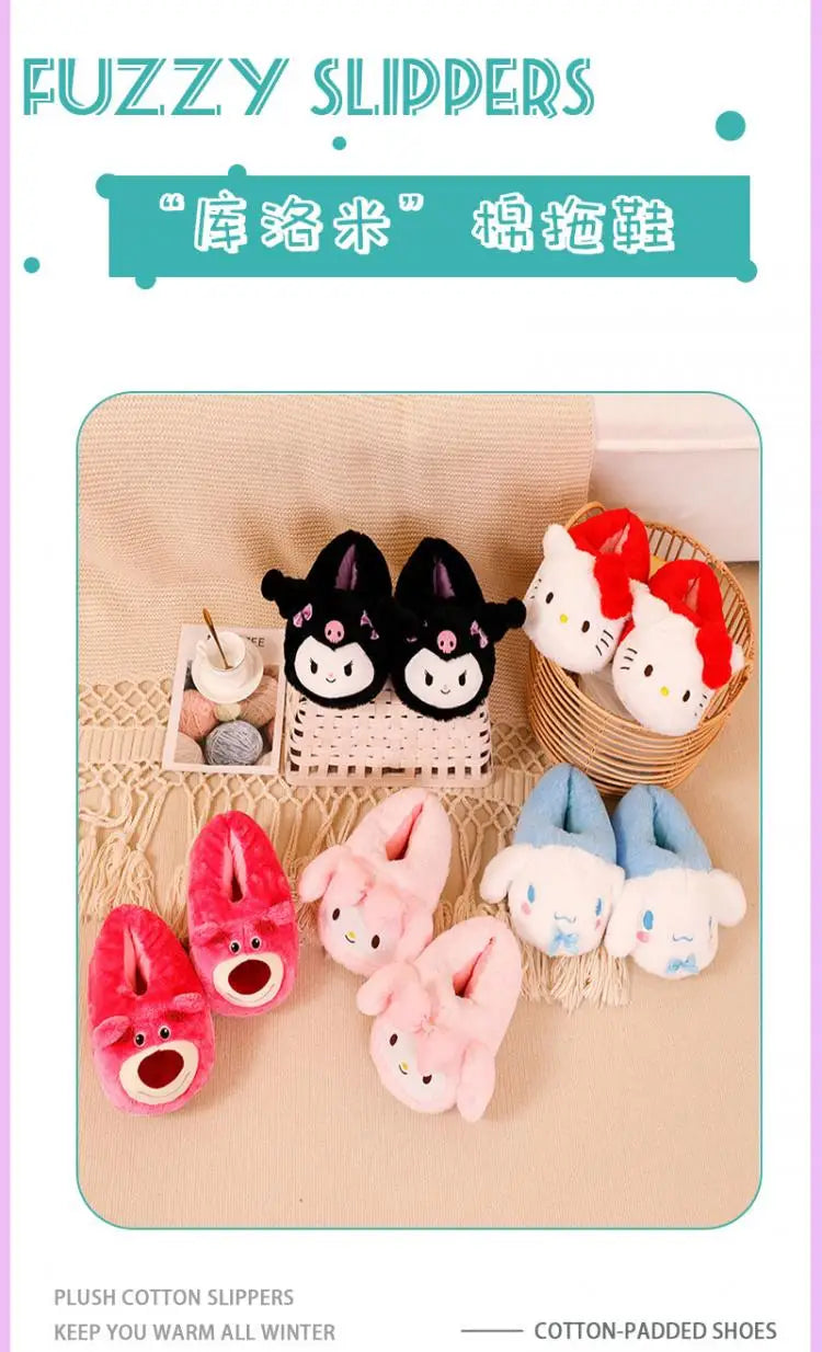 Cartoon Sanrioed Kuromi Hello Kitty Y2K Plush Slippers Women Melody Cinnamoroll Anime Kawaii Winter Home Cotton Shoes Soft Girl