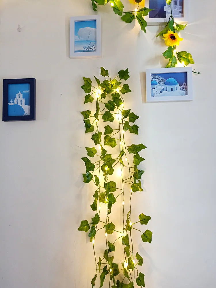 2Meter Fake Green Leaf Ivy Vine with LED Lights String for Home Bedroom Decor Wedding Glowing Artifical Plant Garland Home Decor