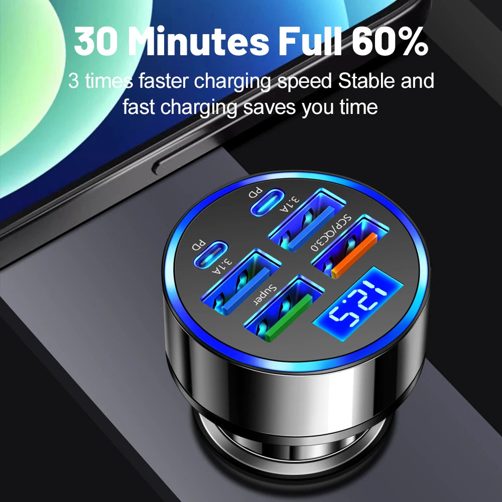 100W 6 Ports Car Charger Fast Charging PD QC3.0 USB C Car Phone Charger Type C Adapter in Car For iPhone Samsung Huawei Xiaomi