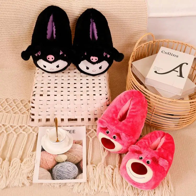 Cartoon Sanrioed Kuromi Hello Kitty Y2K Plush Slippers Women Melody Cinnamoroll Anime Kawaii Winter Home Cotton Shoes Soft Girl