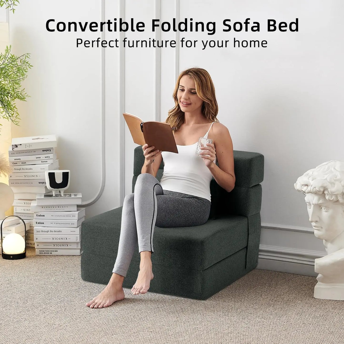 Convertible Folding Sofa Bed - Sleeper Chair with Pillow, Modern Linen Fabric Floor & Futon Couch, Foldable Mattress for Living