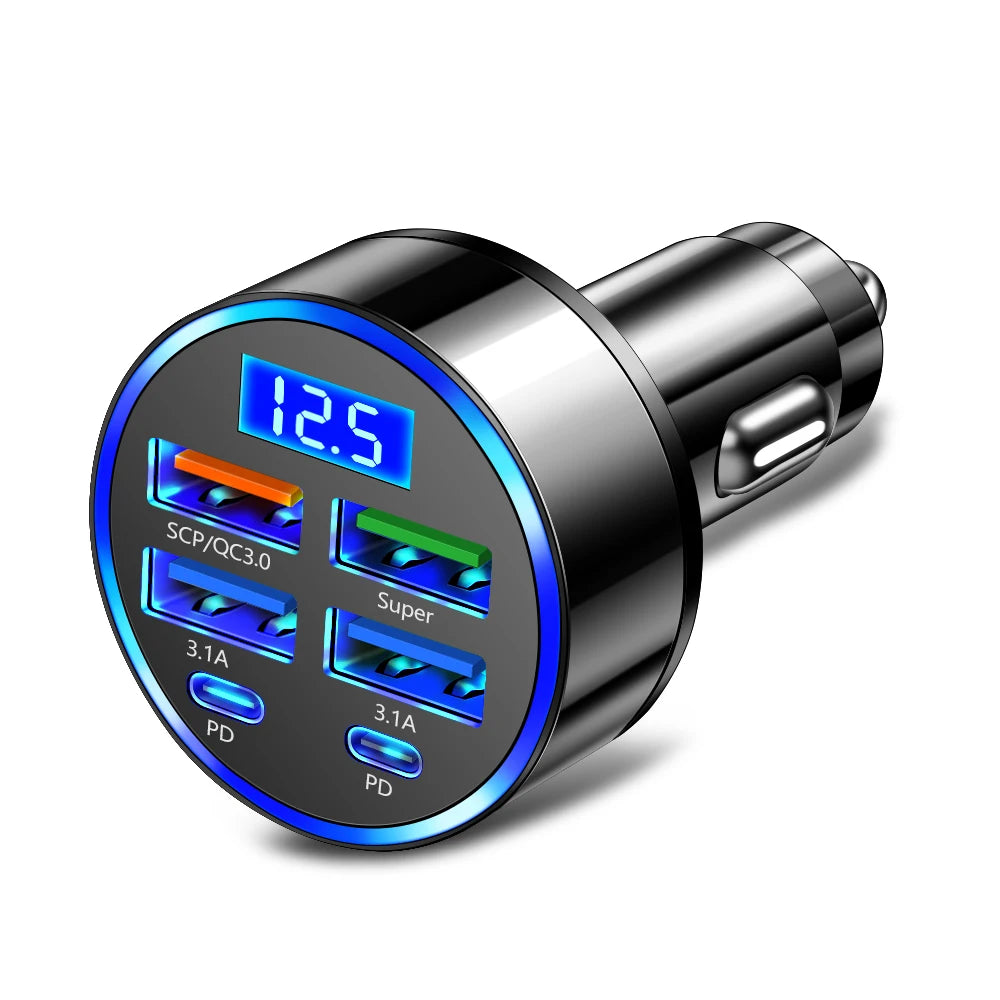 100W 6 Ports Car Charger Fast Charging PD QC3.0 USB C Car Phone Charger Type C Adapter in Car For iPhone Samsung Huawei Xiaomi